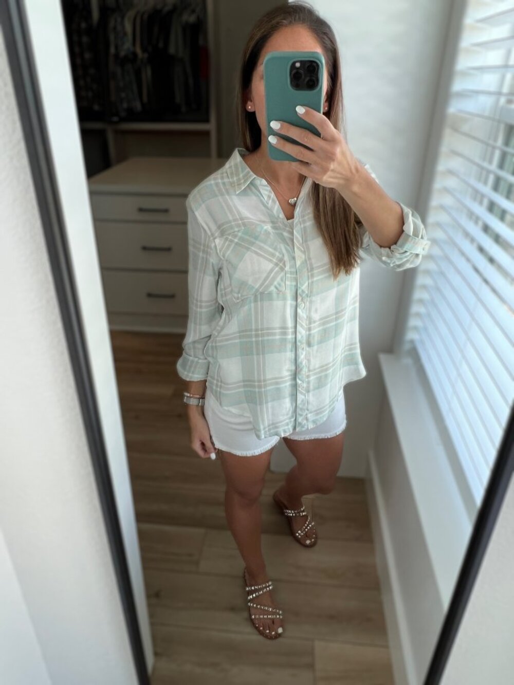Lightweight Plaid Button-Up Top - Mint Green - Picture 13 of 15